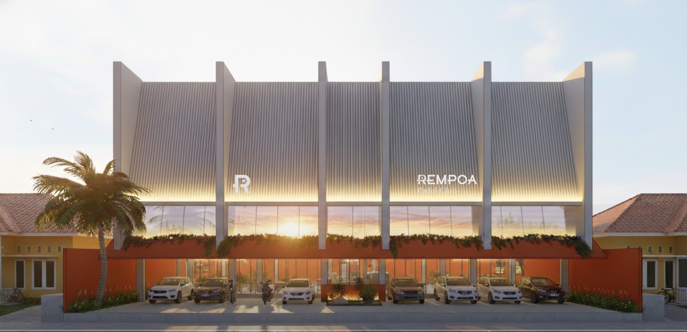 Fasad gedung Rempoa Padel Club dengan desain sirip vertikal khas, difoto saat senja
